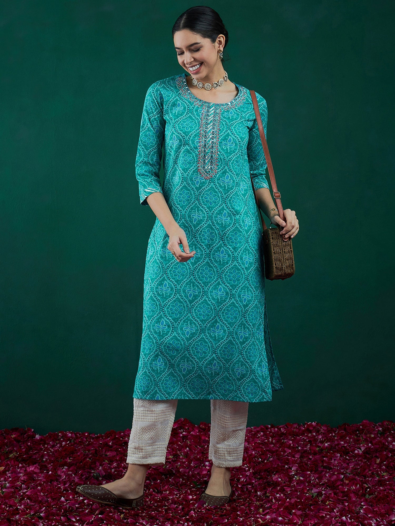 Women Sea Green Printed Straight Kurtas