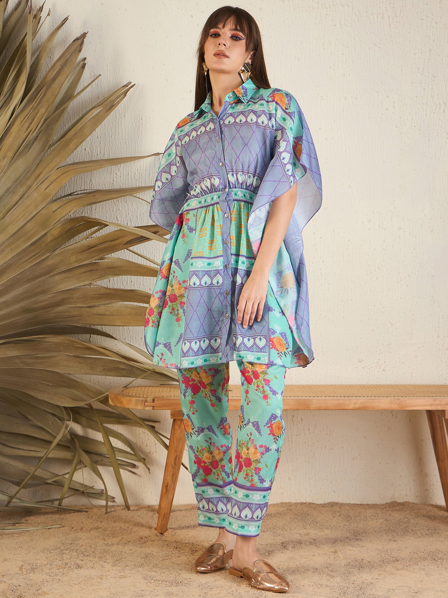 Women Blue Silk Blend Round Neck Co-Ords