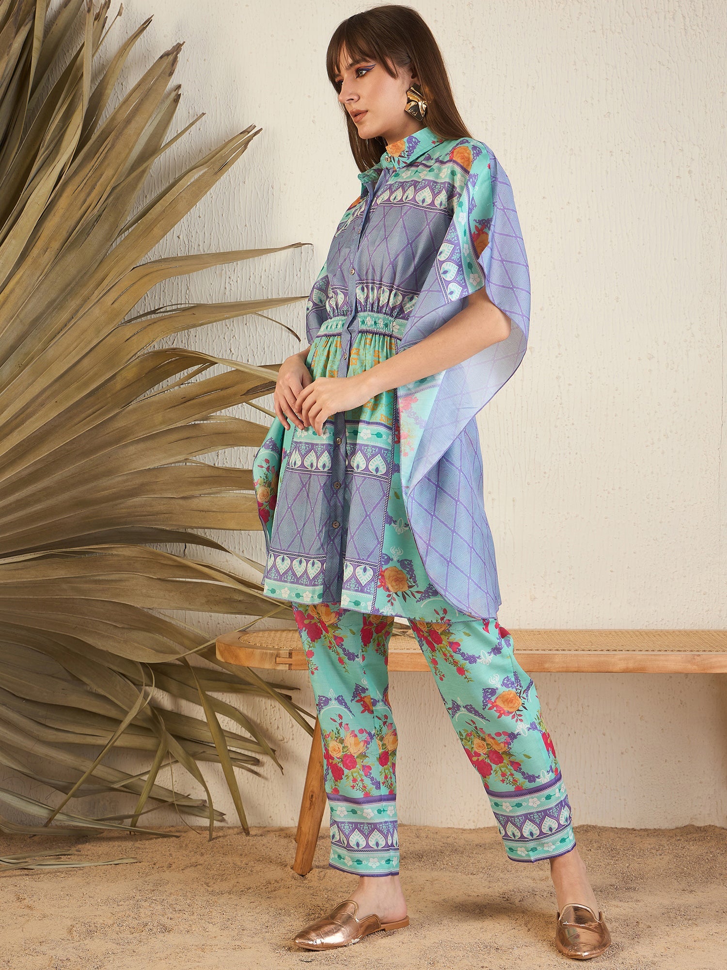 Women Blue Silk Blend Round Neck Co-Ords