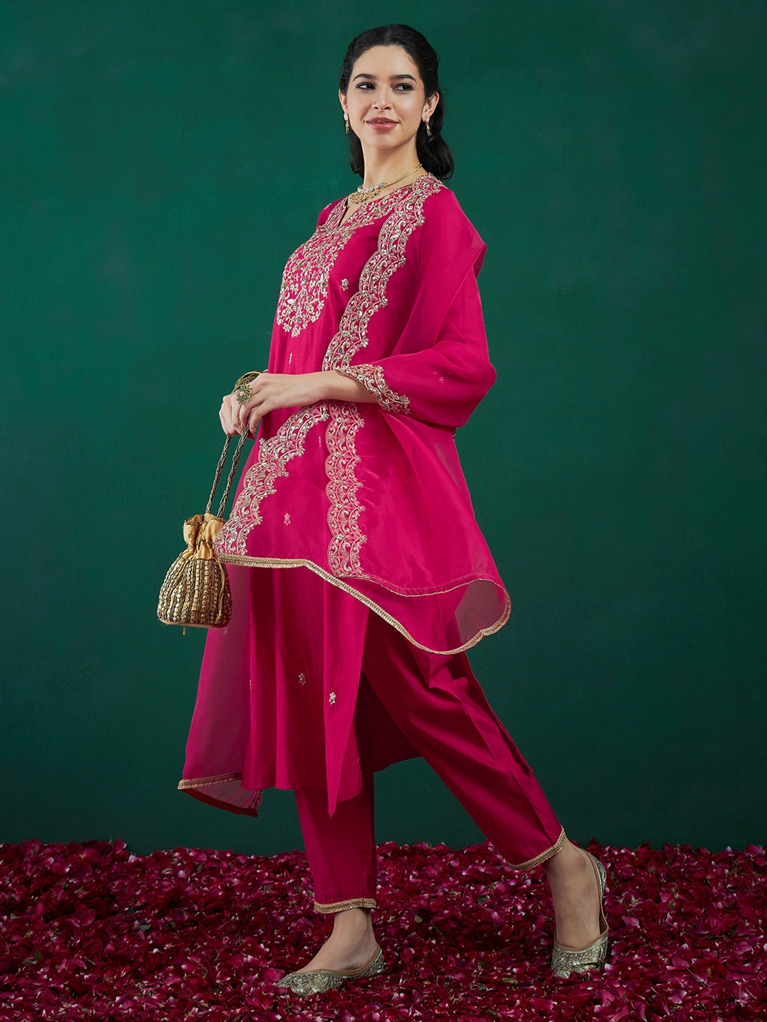 Women Pink Embroidered Straight Kurta Trousers With Dupatta Set