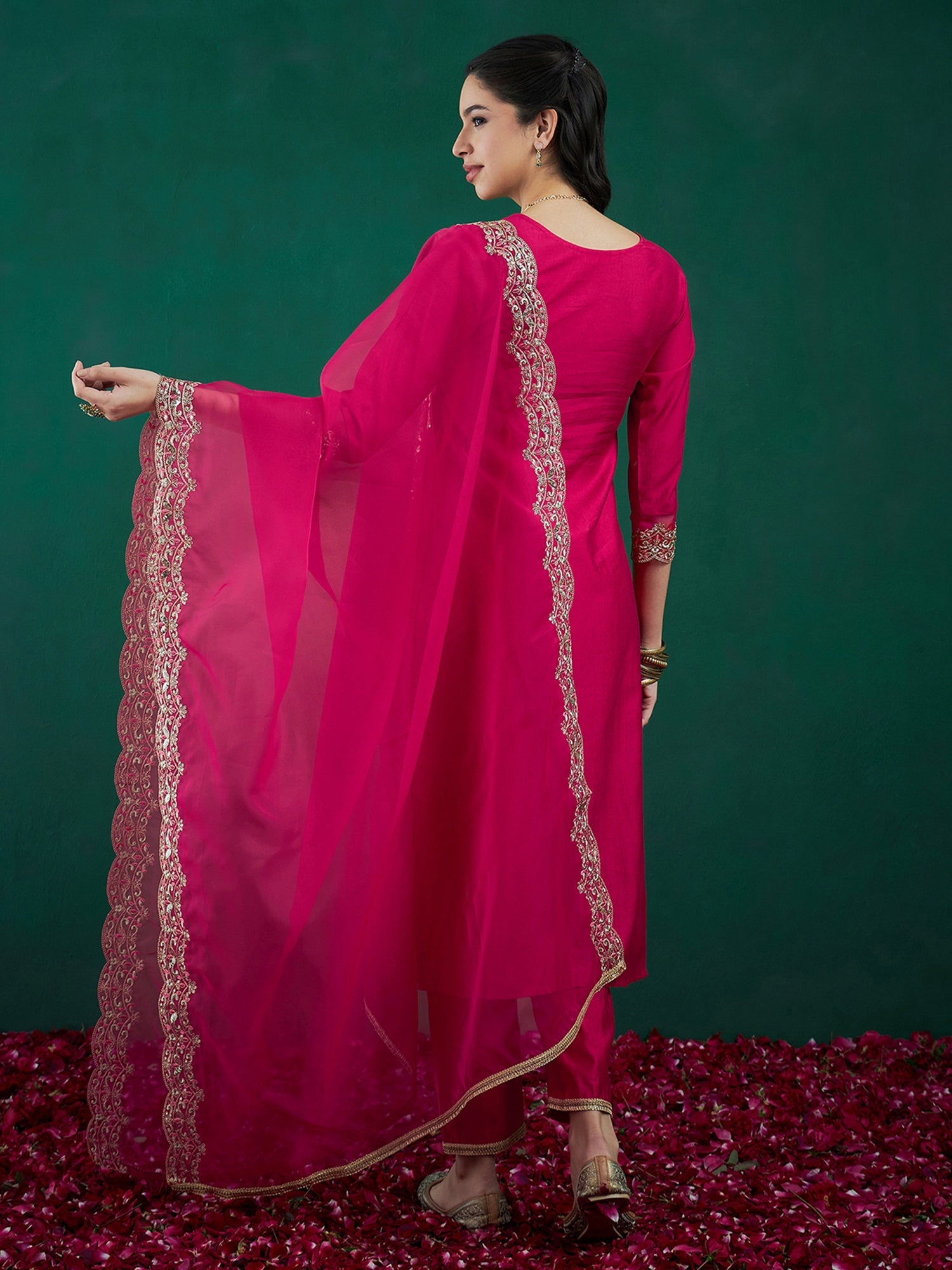 Women Pink Embroidered Straight Kurta Trousers With Dupatta Set