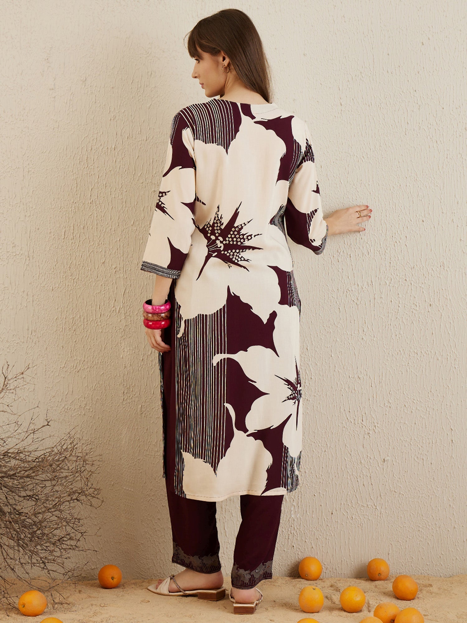 Women Burgundy Printed A-Line Kurta Trousers Set