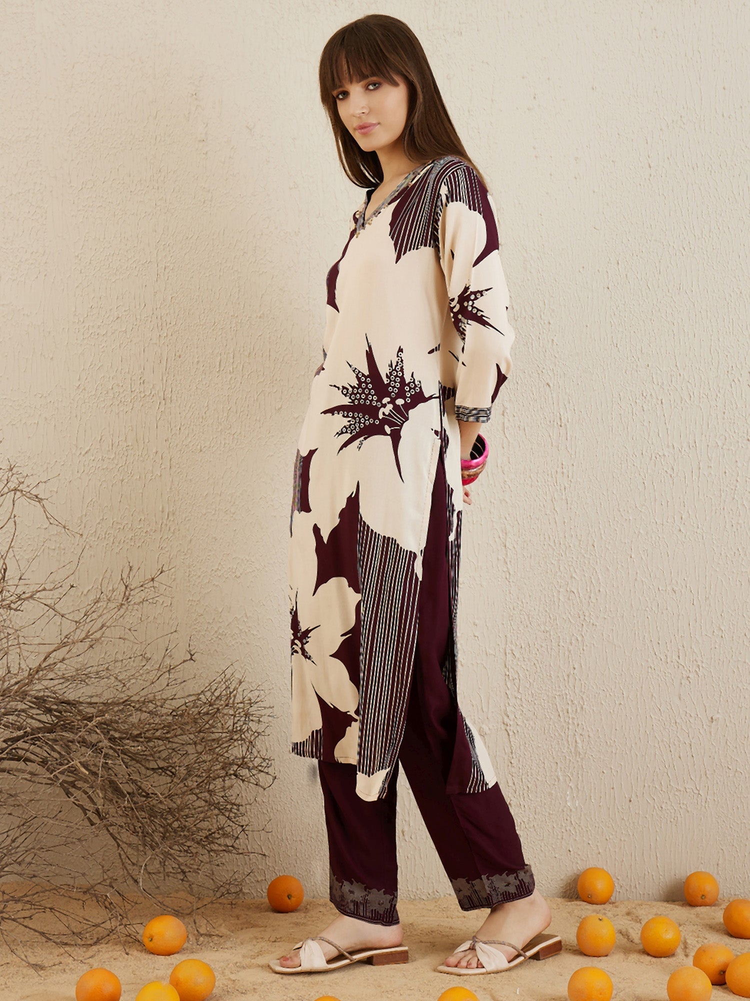 Women Burgundy Printed A-Line Kurta Trousers Set