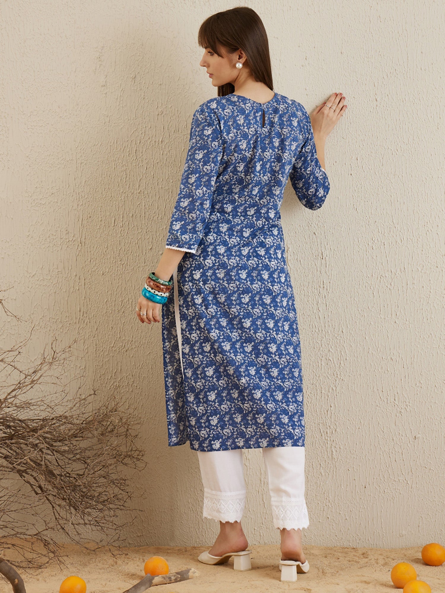 Women Blue Printed Straight Kurtas