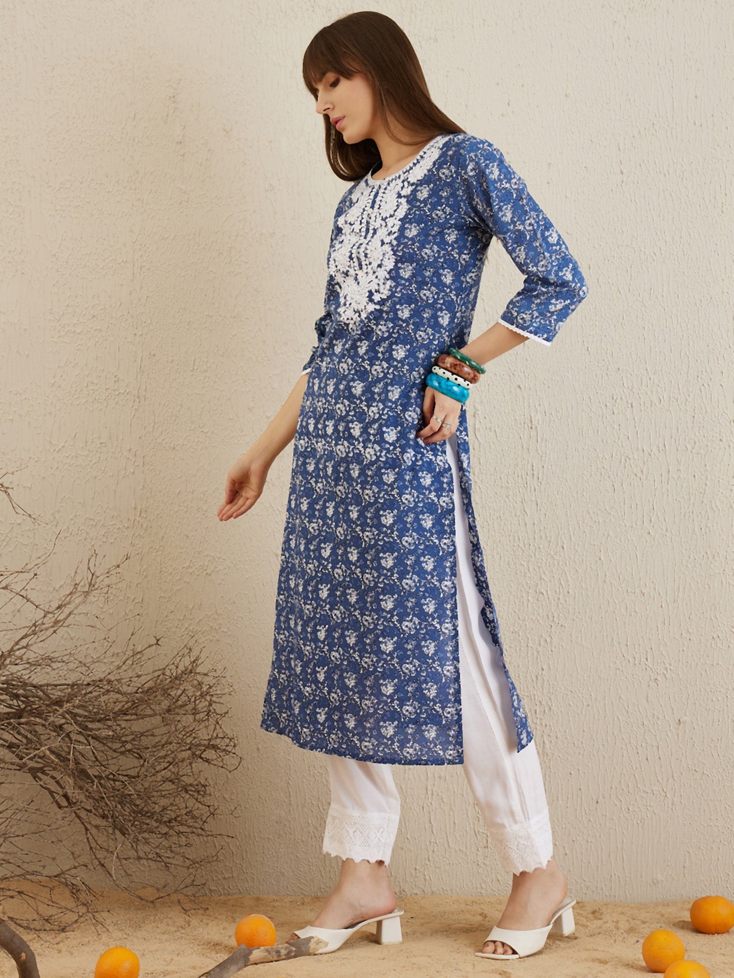 Women Blue Printed Straight Kurtas