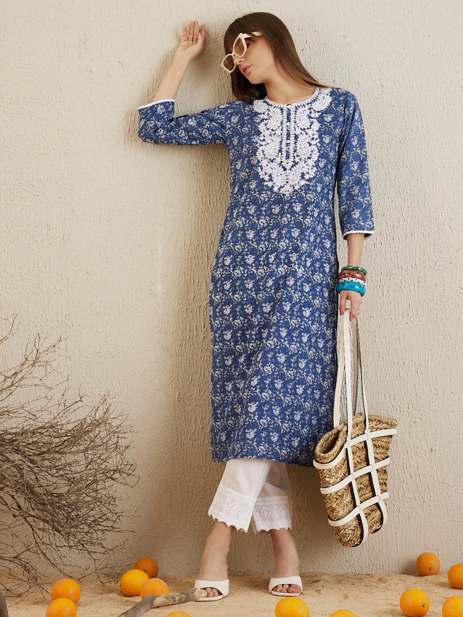 Women Blue Printed Straight Kurtas