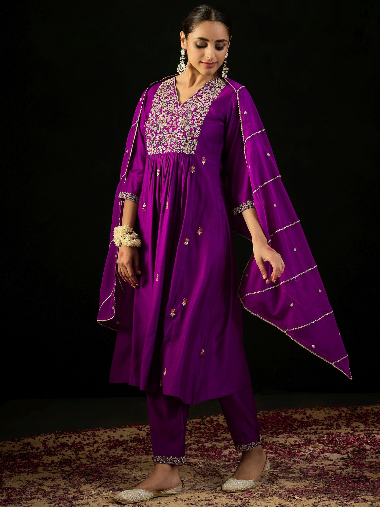 Women Purple Embroidered A-Line Kurta Trousers With Dupatta Set