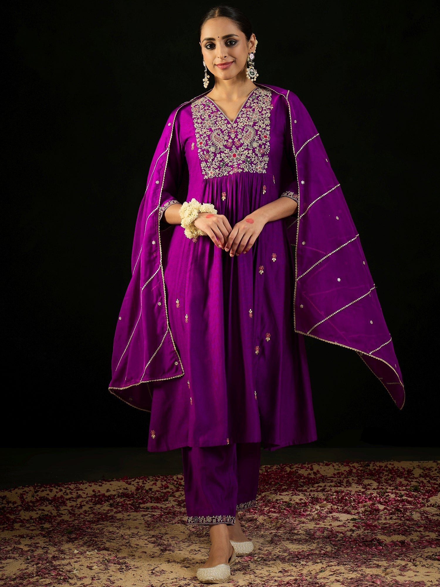 Women Purple Embroidered A-Line Kurta Trousers With Dupatta Set