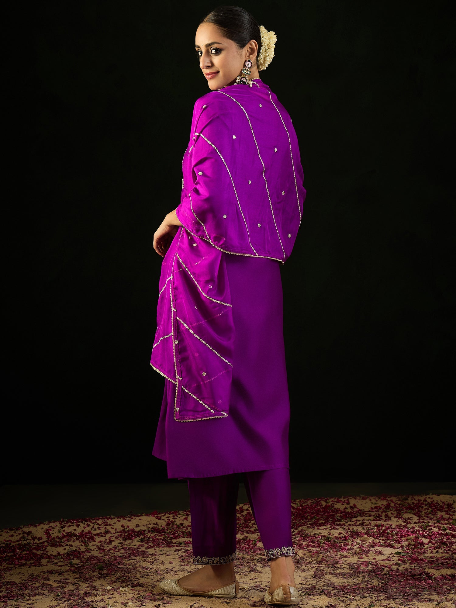 Women Purple Embroidered A-Line Kurta Trousers With Dupatta Set