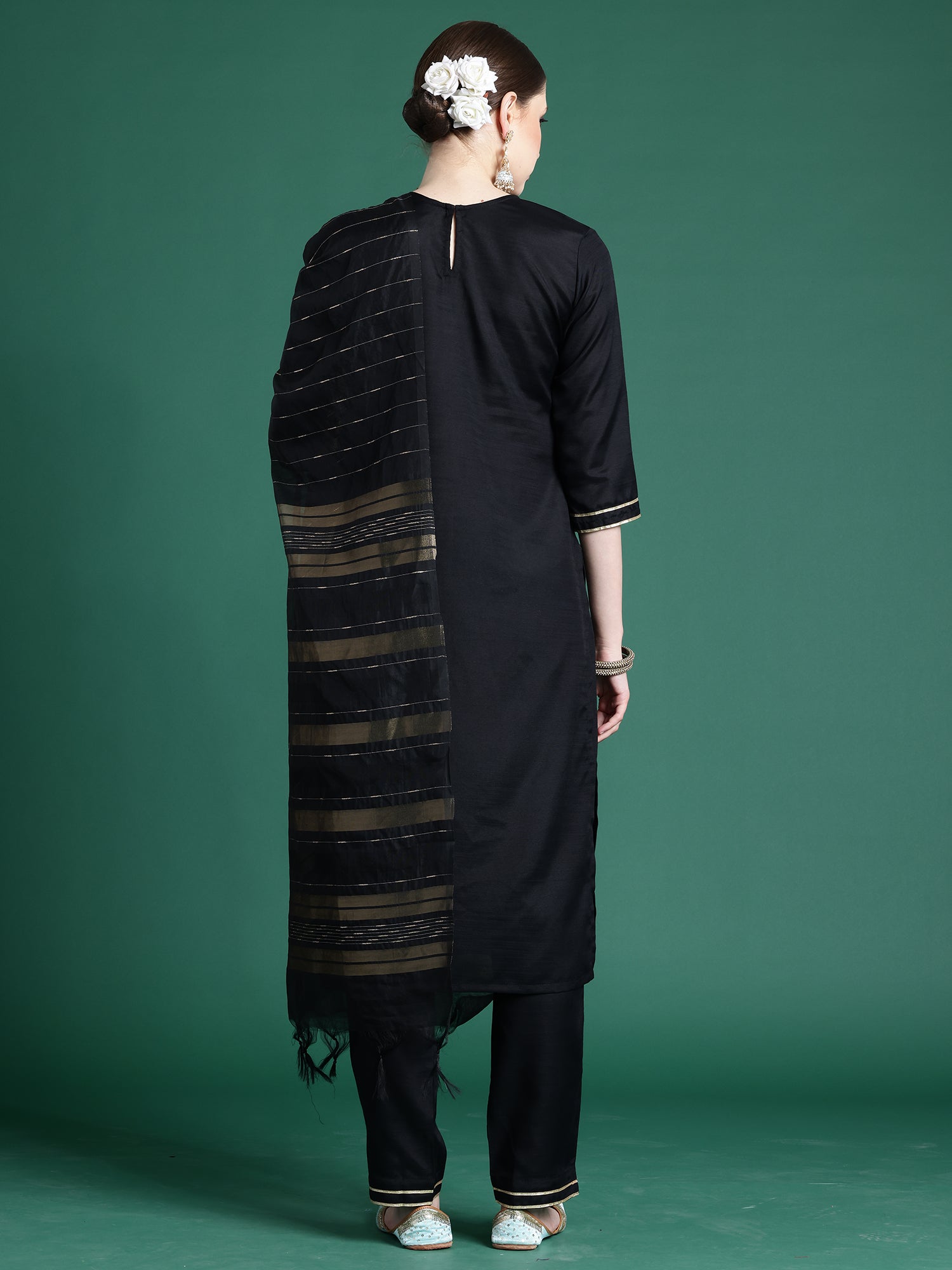 Women Black Self Design Straight Kurta Trousers With Dupatta Set