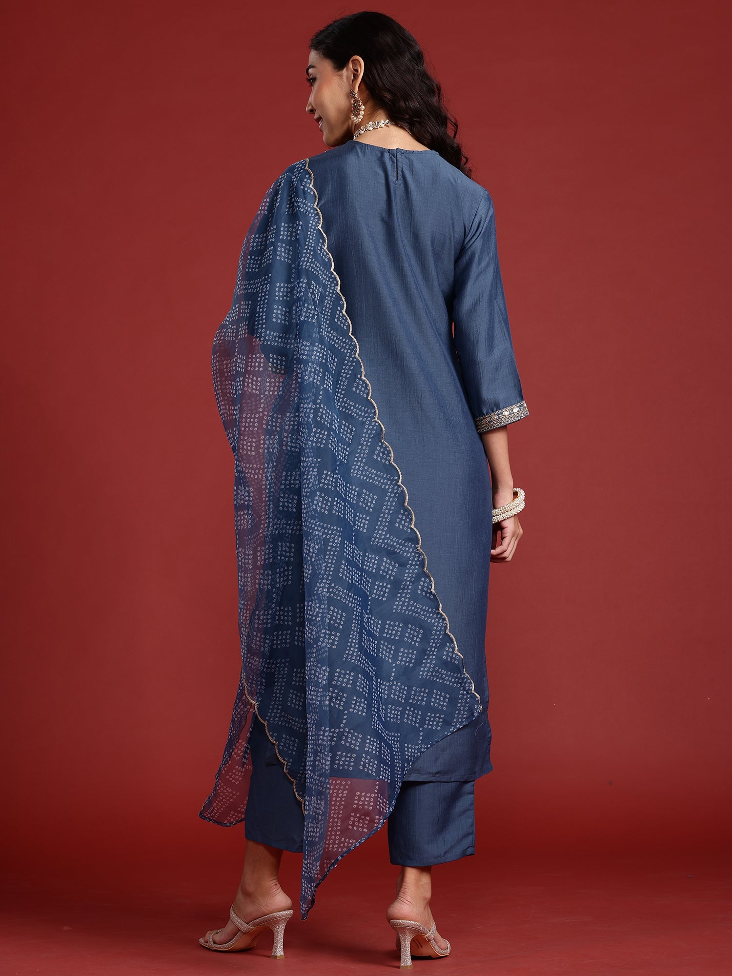 Women Grey Embroidered Straight Kurta Trousers With Dupatta Set