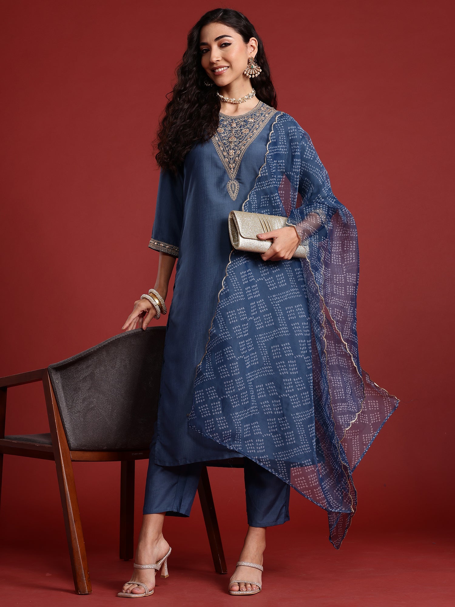 Women Grey Embroidered Straight Kurta Trousers With Dupatta Set