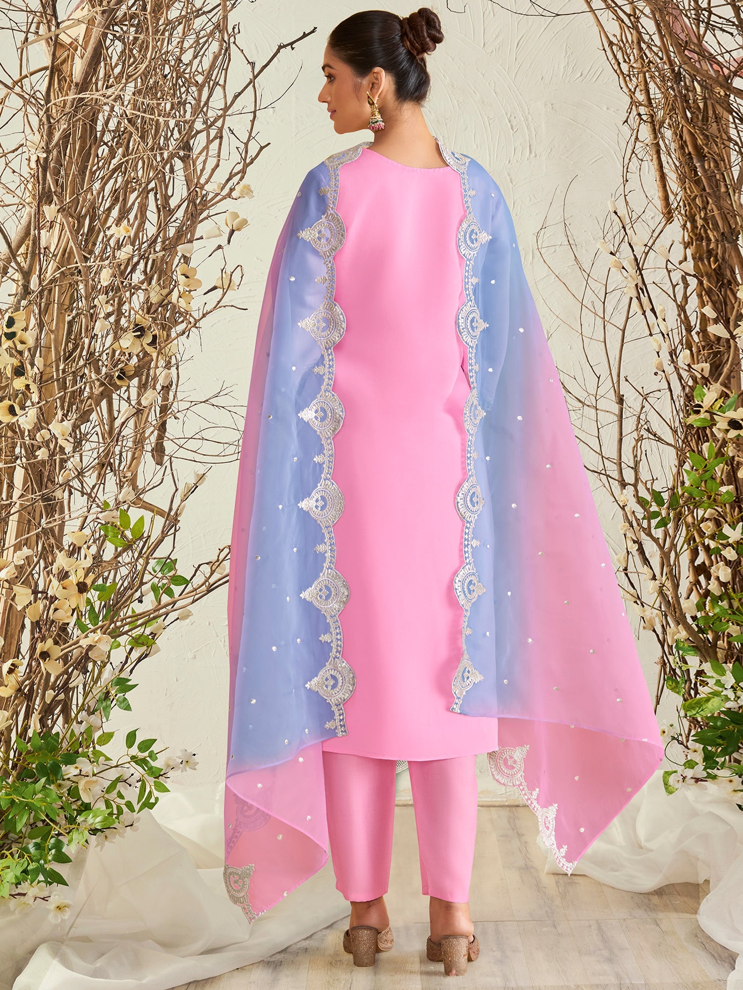 Women Pink Straight Embroidered Kurta Trousers With Dupatta Set