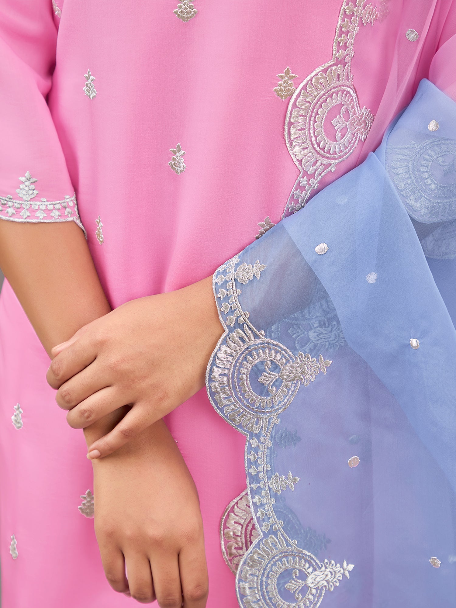 Women Pink Straight Embroidered Kurta Trousers With Dupatta Set