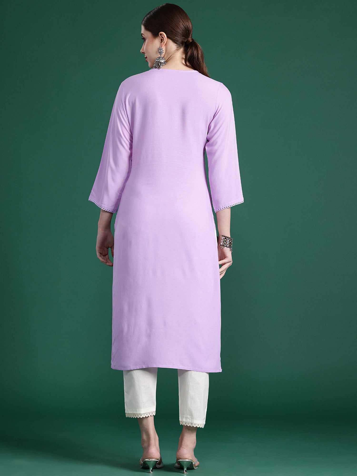 Women Purple Embroidered Straight Kurtas