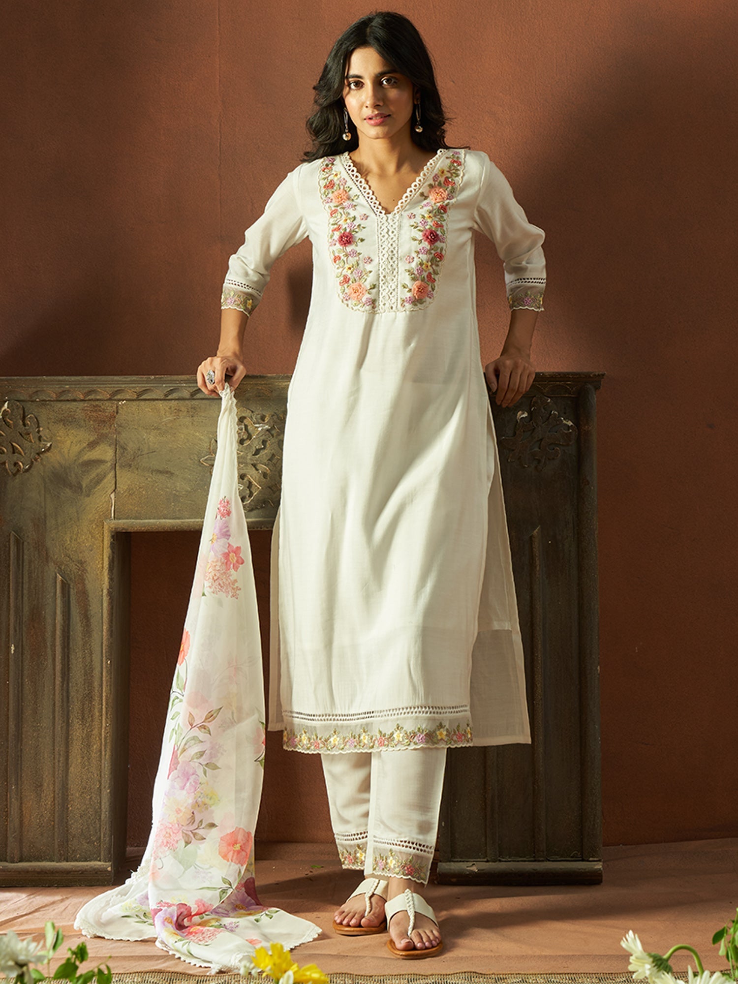 Women White Embroidered Straight Kurta Trousers With Dupatta Set