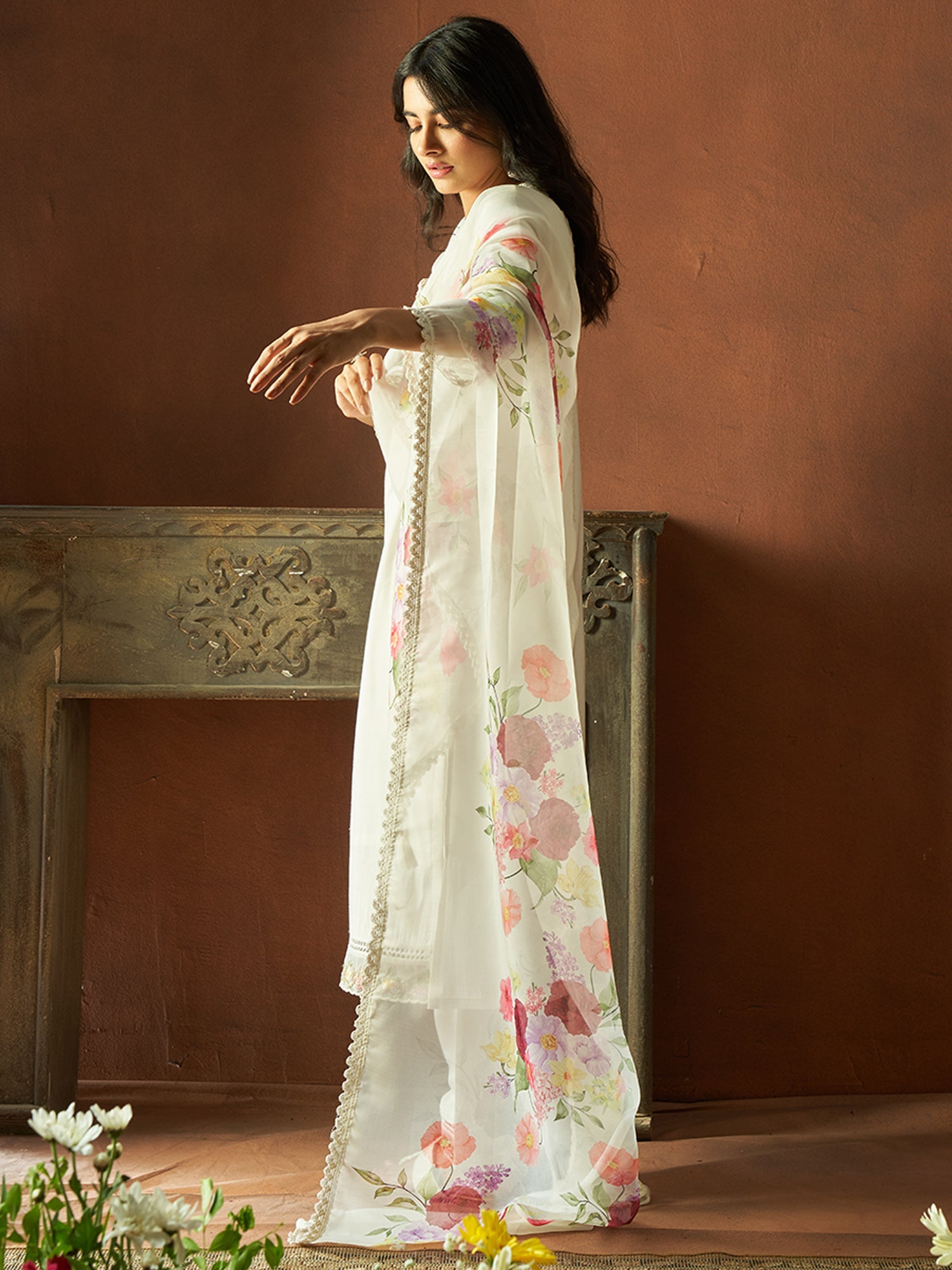 Women White Embroidered Straight Kurta Trousers With Dupatta Set
