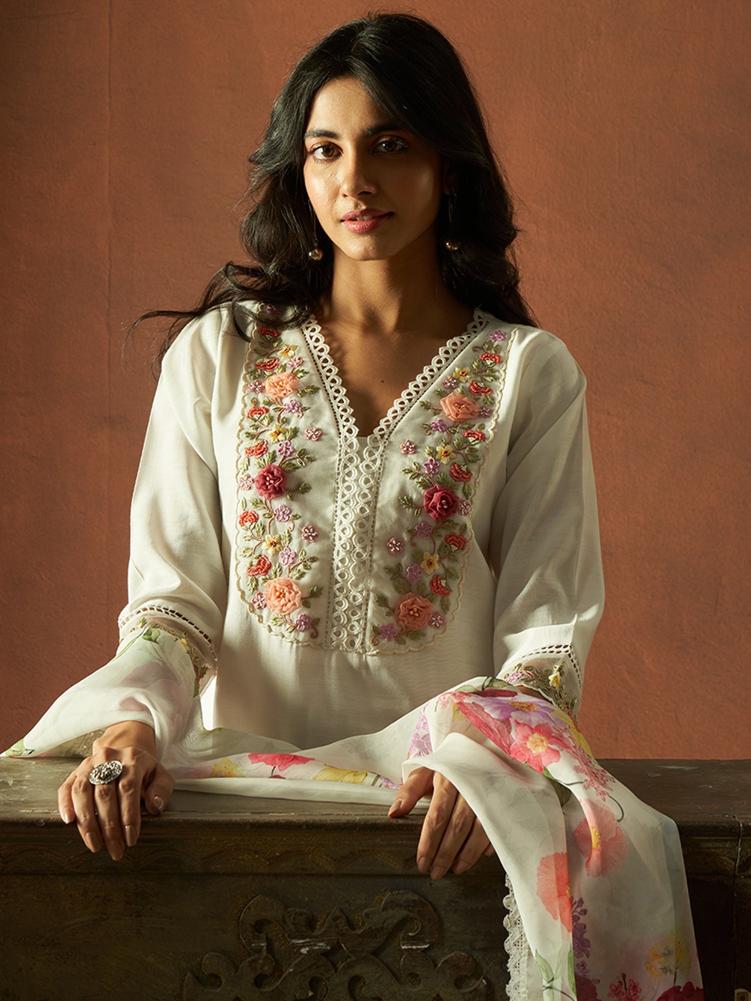 Women White Embroidered Straight Kurta Trousers With Dupatta Set