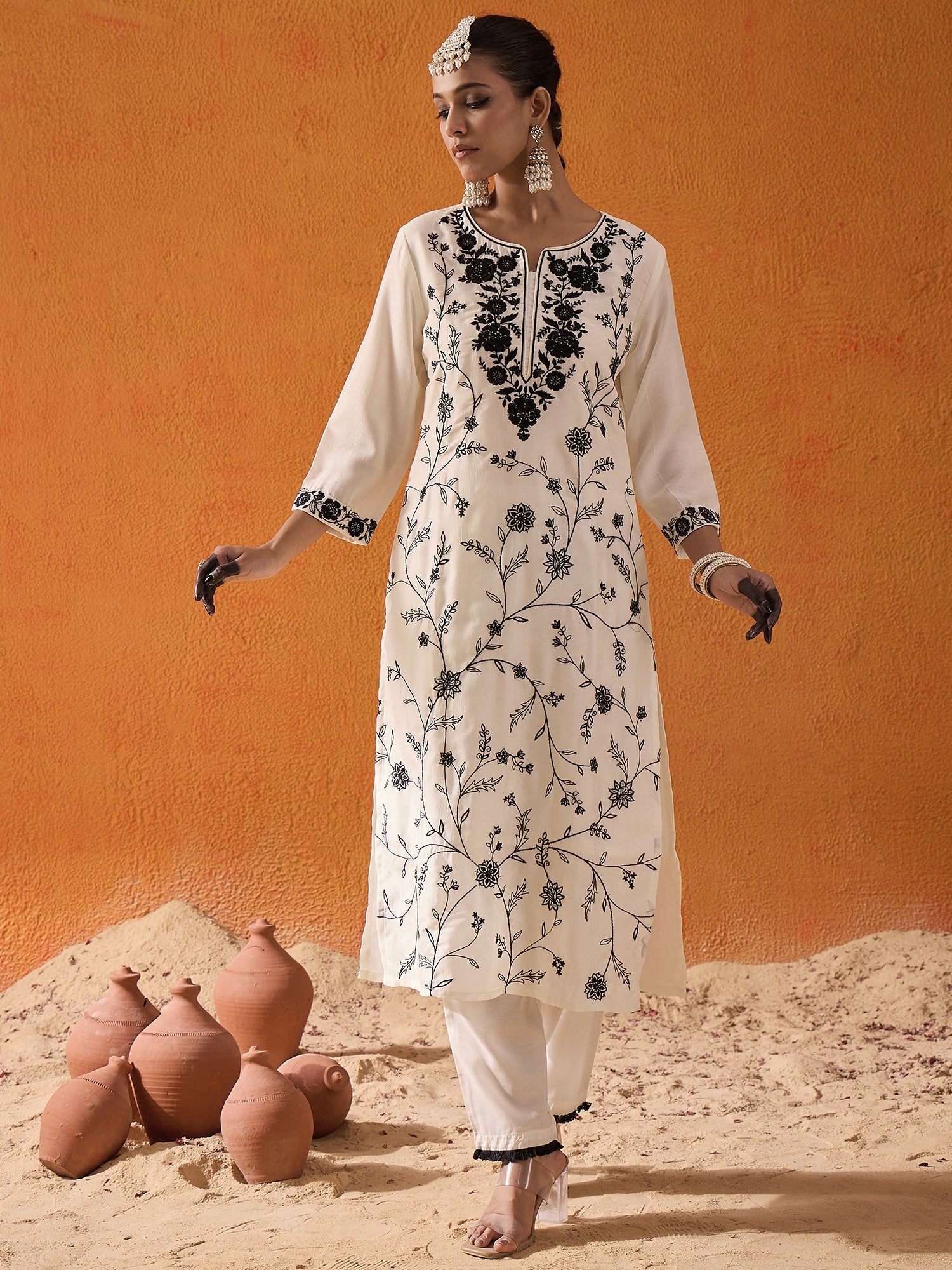 Women White Straight Embroidered Kurta Trousers With Dupatta Set