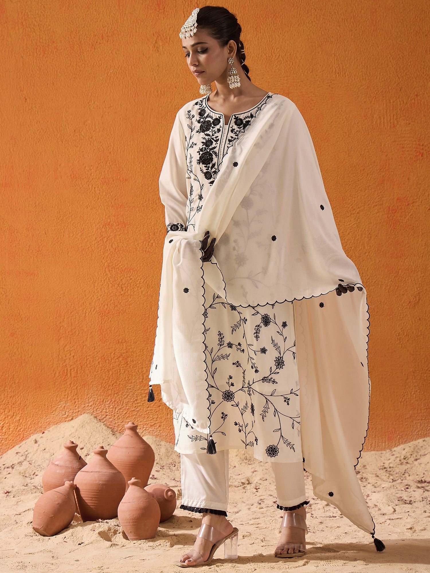 Women White Straight Embroidered Kurta Trousers With Dupatta Set