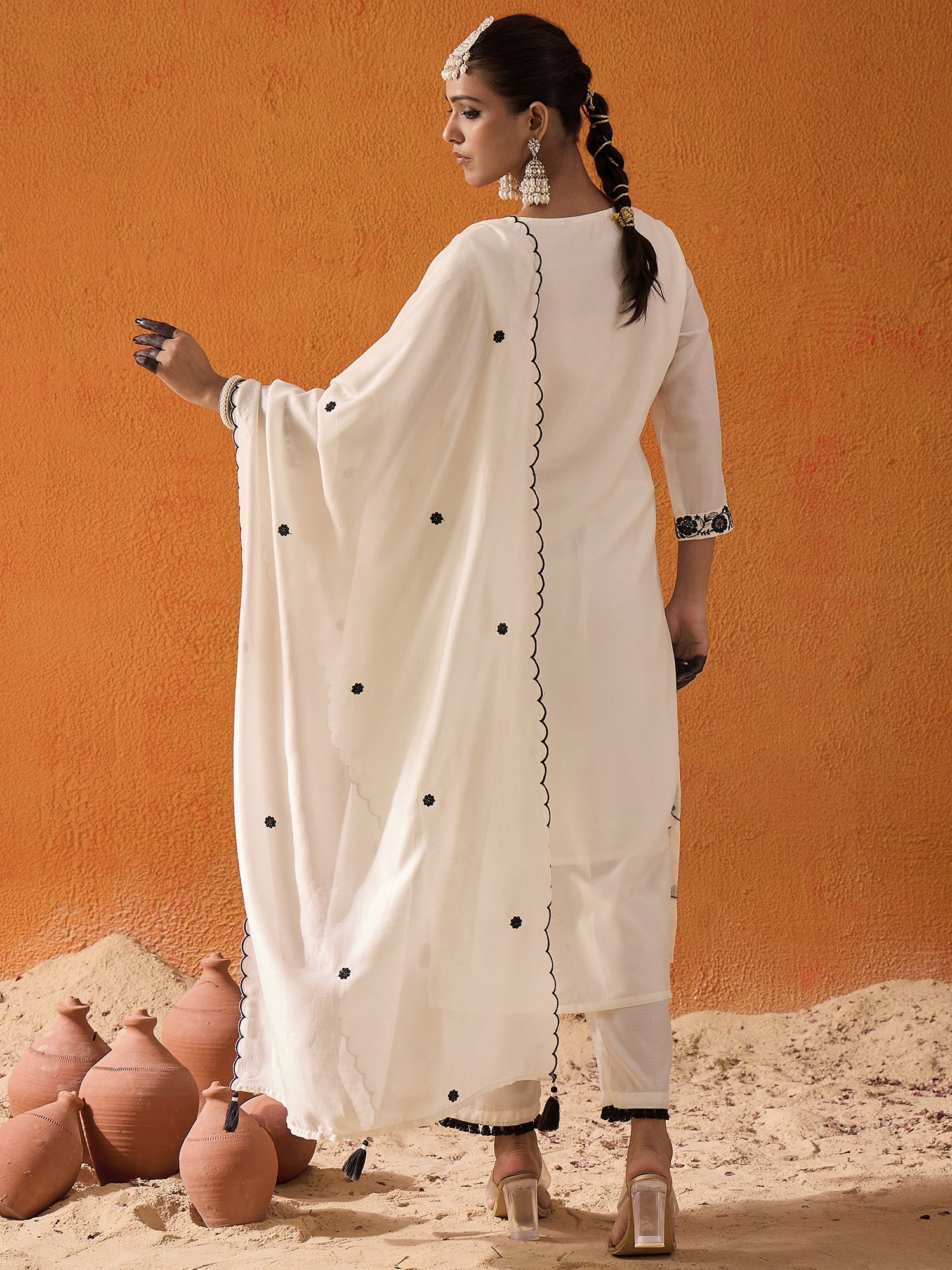 Women White Straight Embroidered Kurta Trousers With Dupatta Set