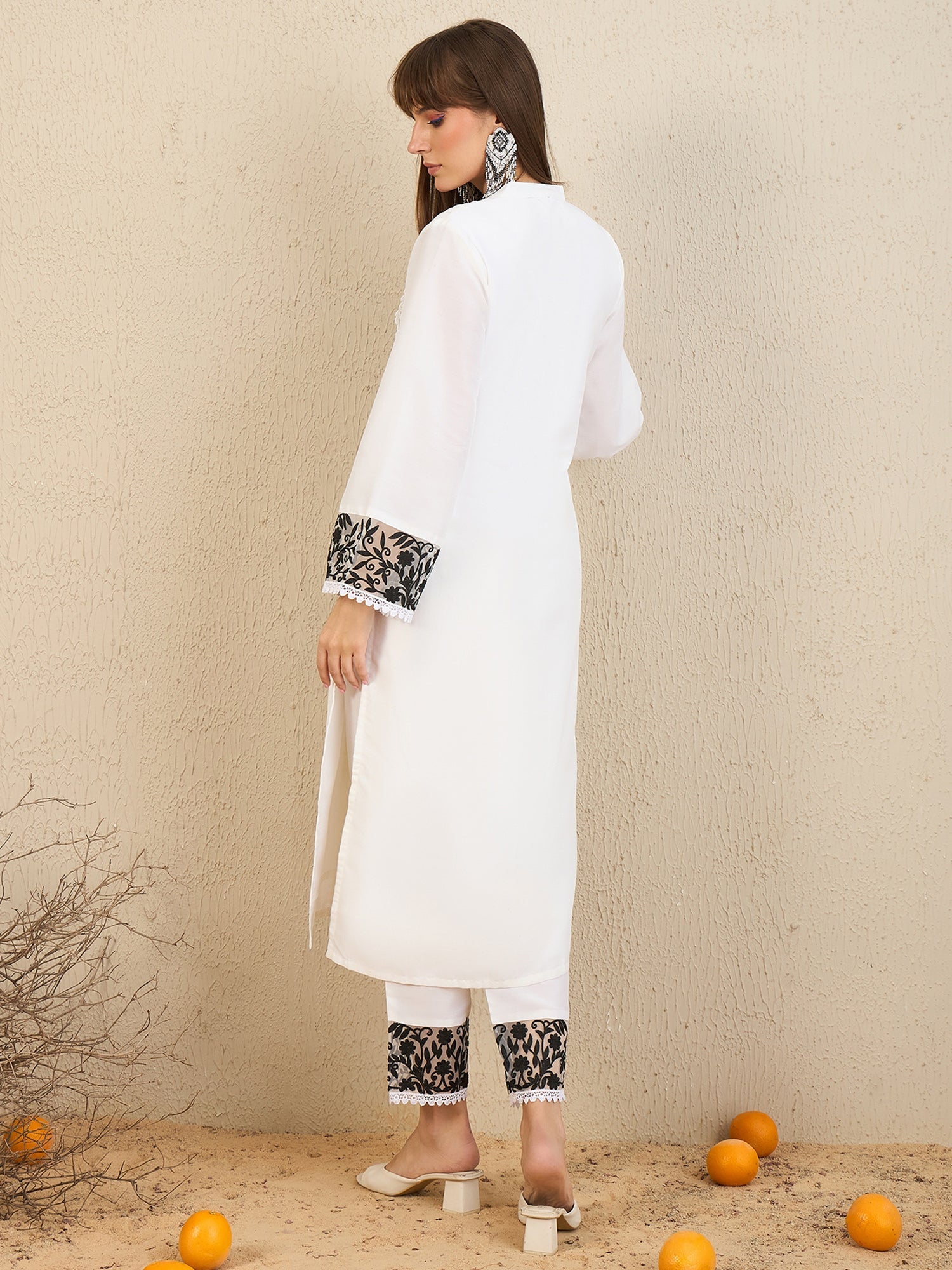 Women White Embroidered Straight Kurta Trousers Set