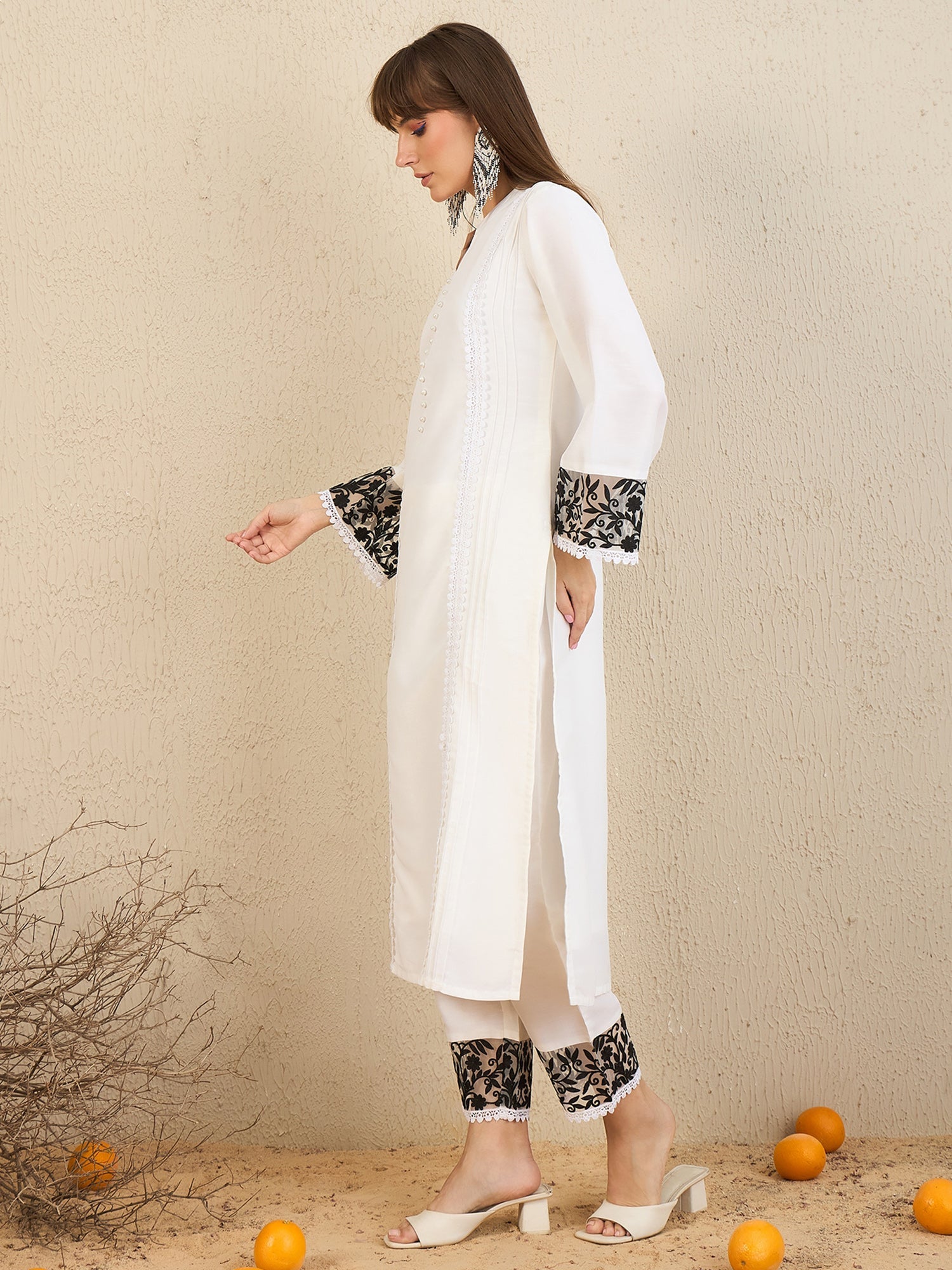 Women White Embroidered Straight Kurta Trousers Set