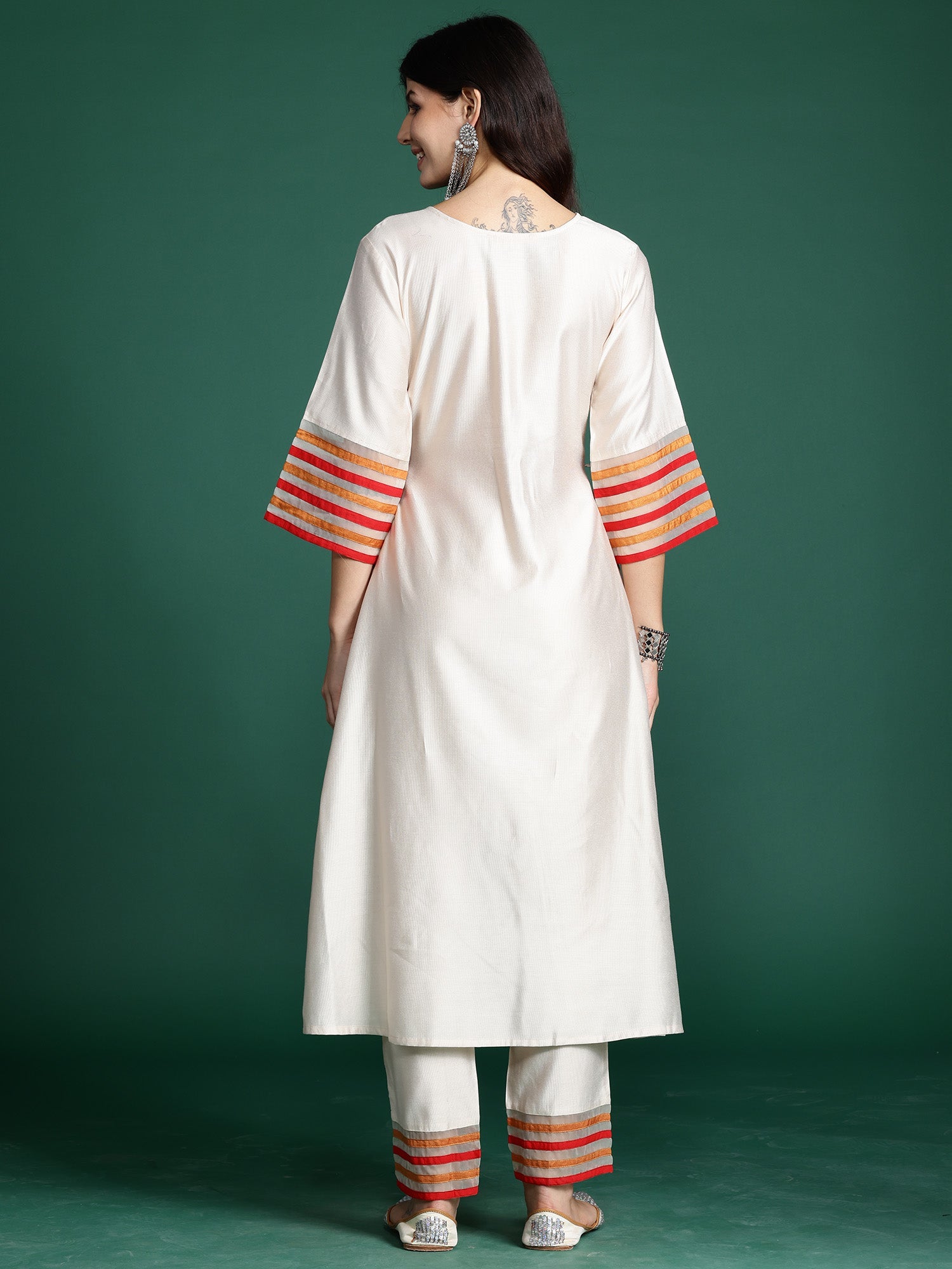 Women Off White Embroidered A-Line Kurta Trousers Set