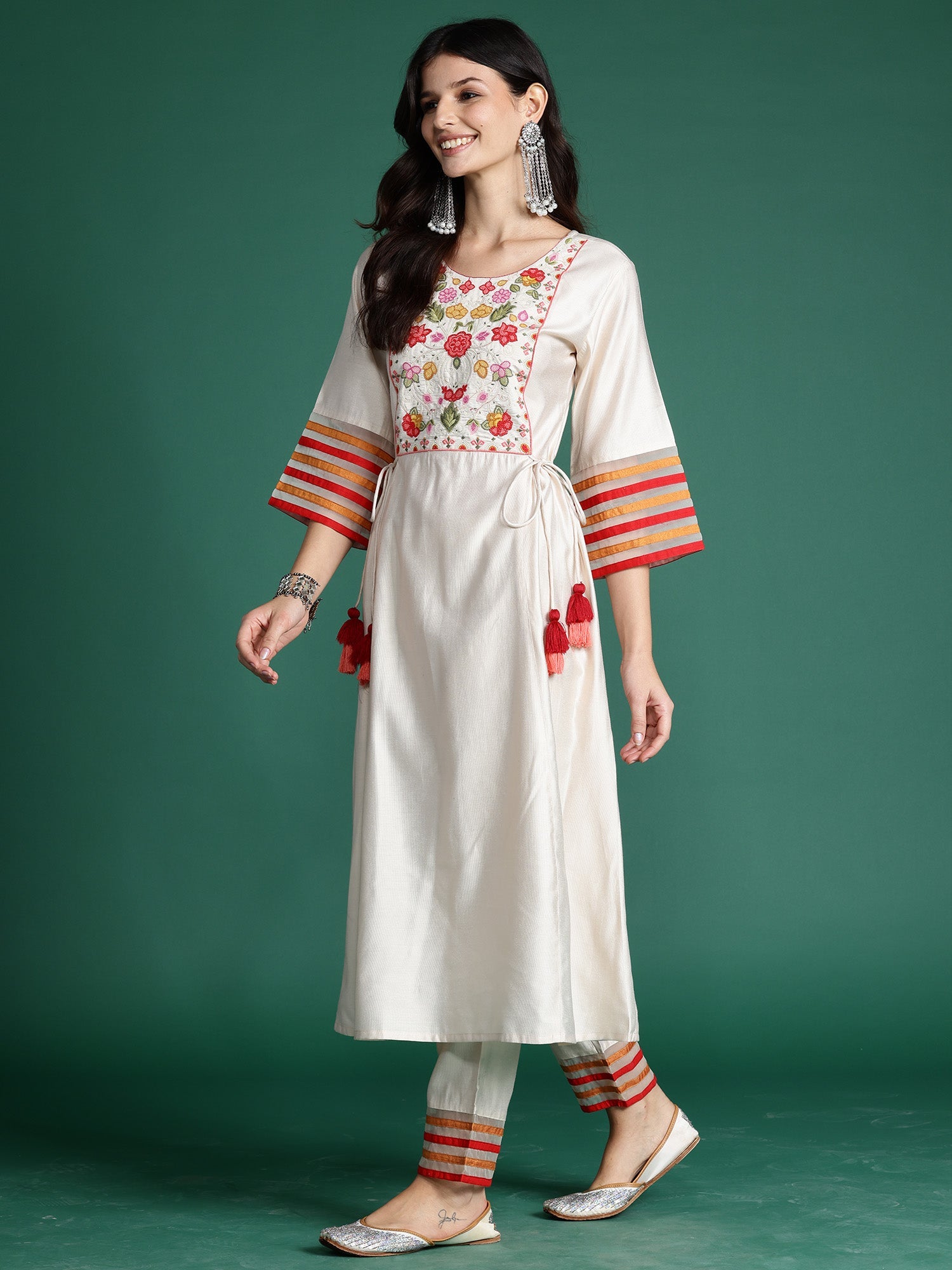 Women Off White Embroidered A-Line Kurta Trousers Set