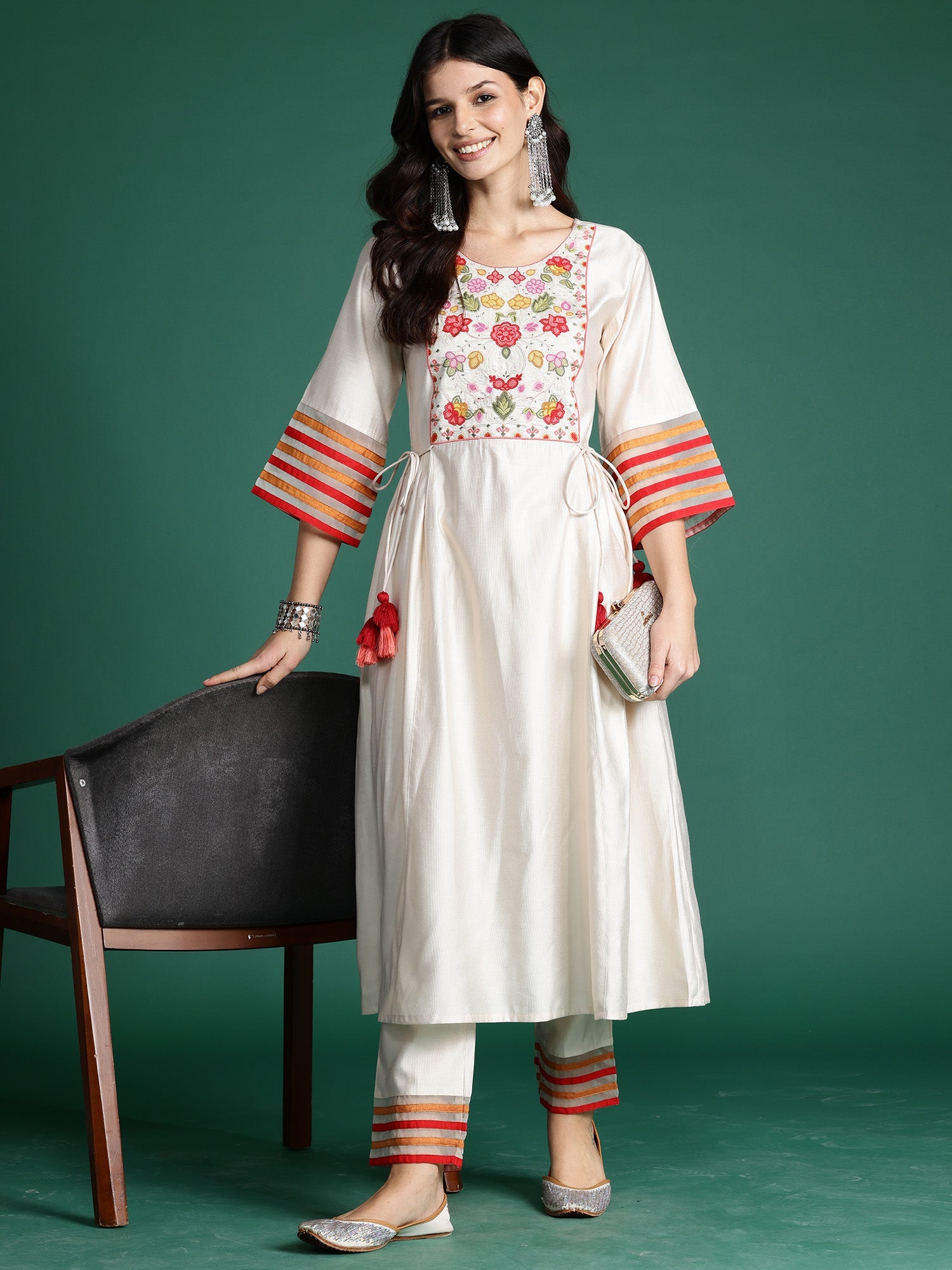 Women Off White Embroidered A-Line Kurta Trousers Set