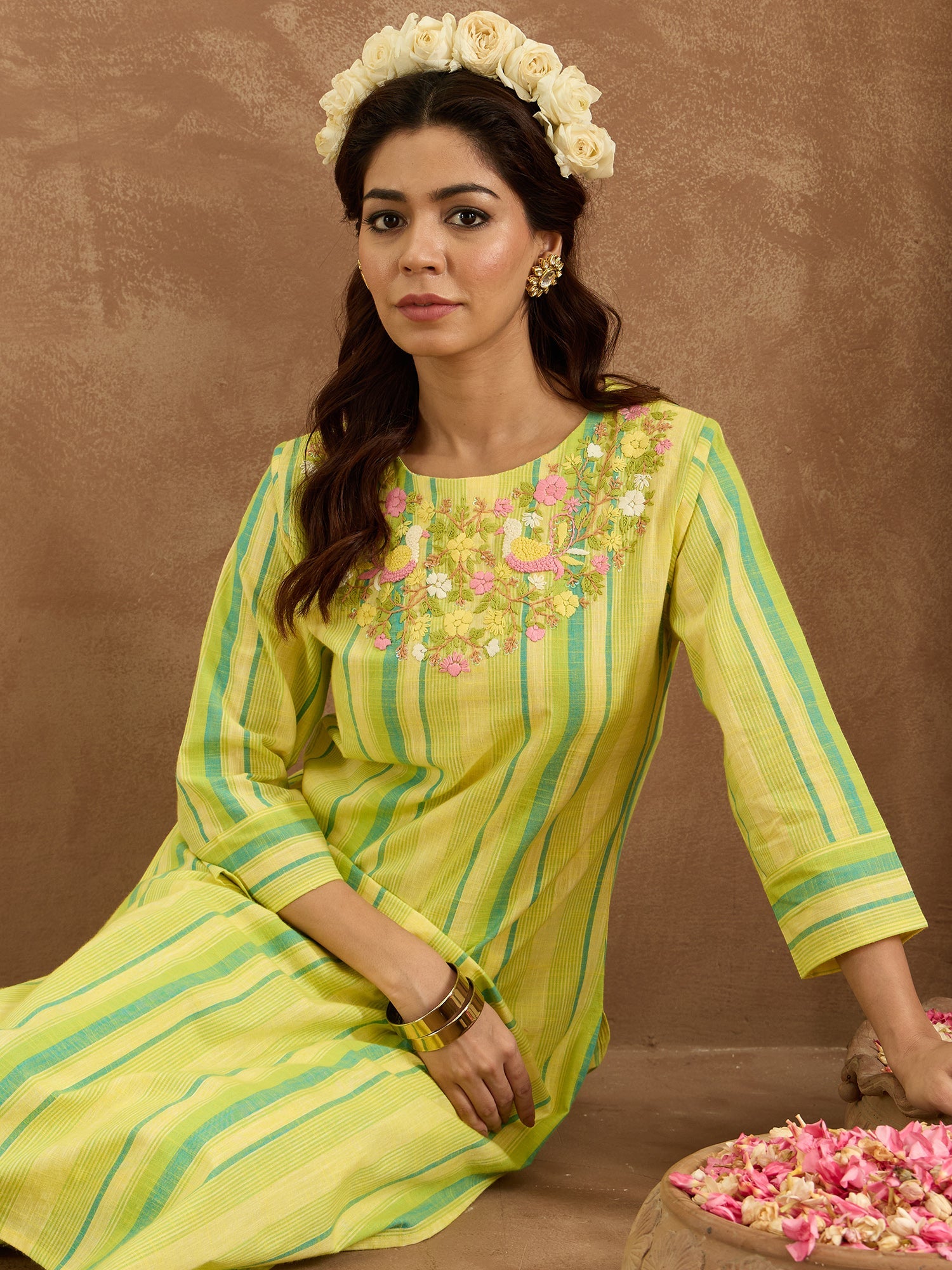 Women Yellow Embroidered Straight Kurta Trousers Set