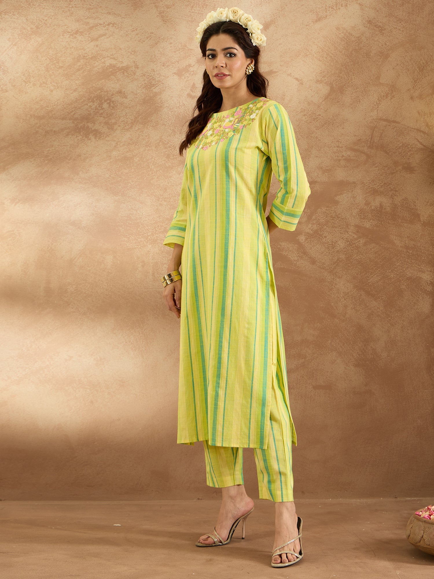 Women Yellow Embroidered Straight Kurta Trousers Set
