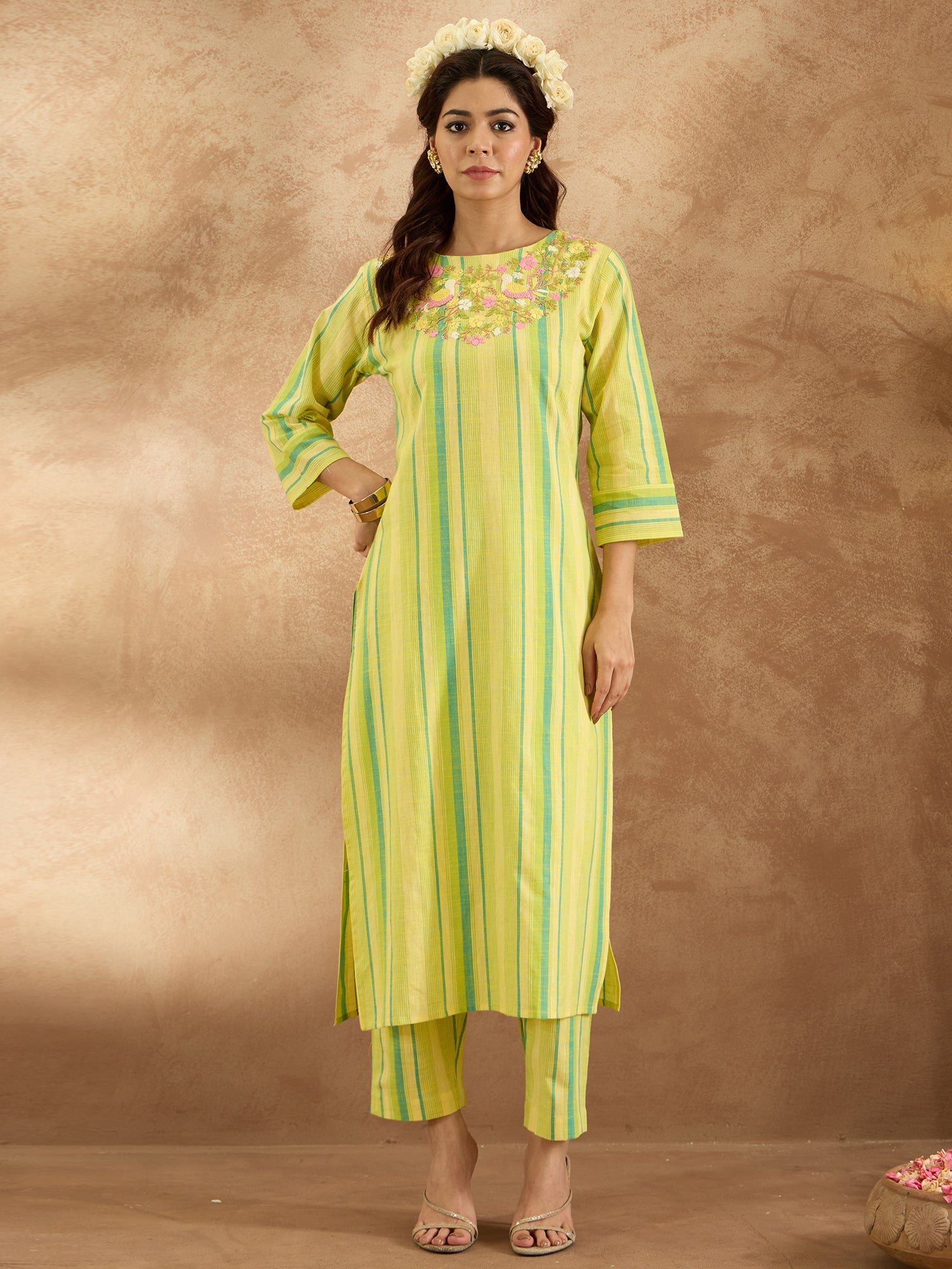 Women Yellow Embroidered Straight Kurta Trousers Set