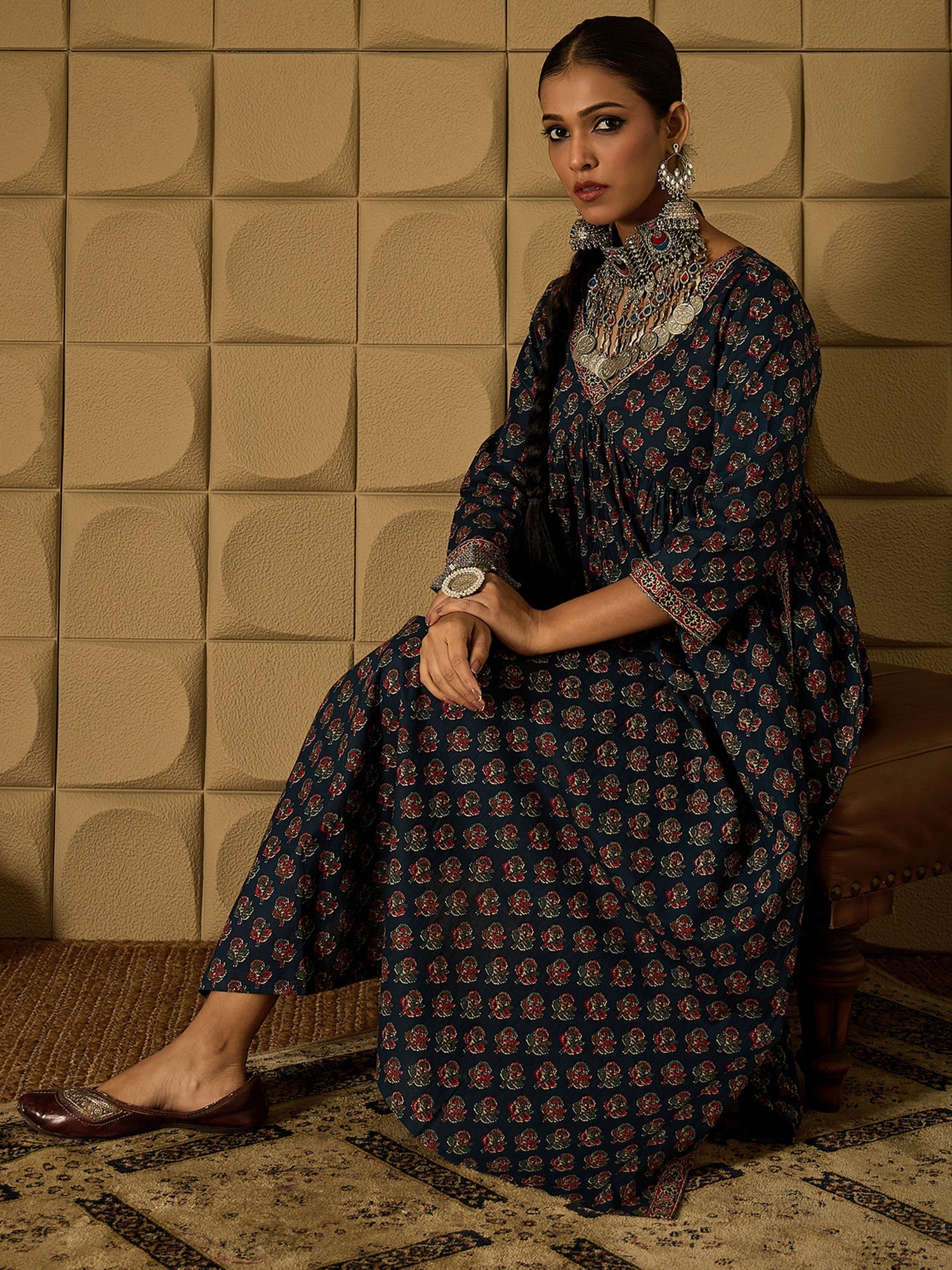 Women Teal Printed A-Line Kurta Trousers Set