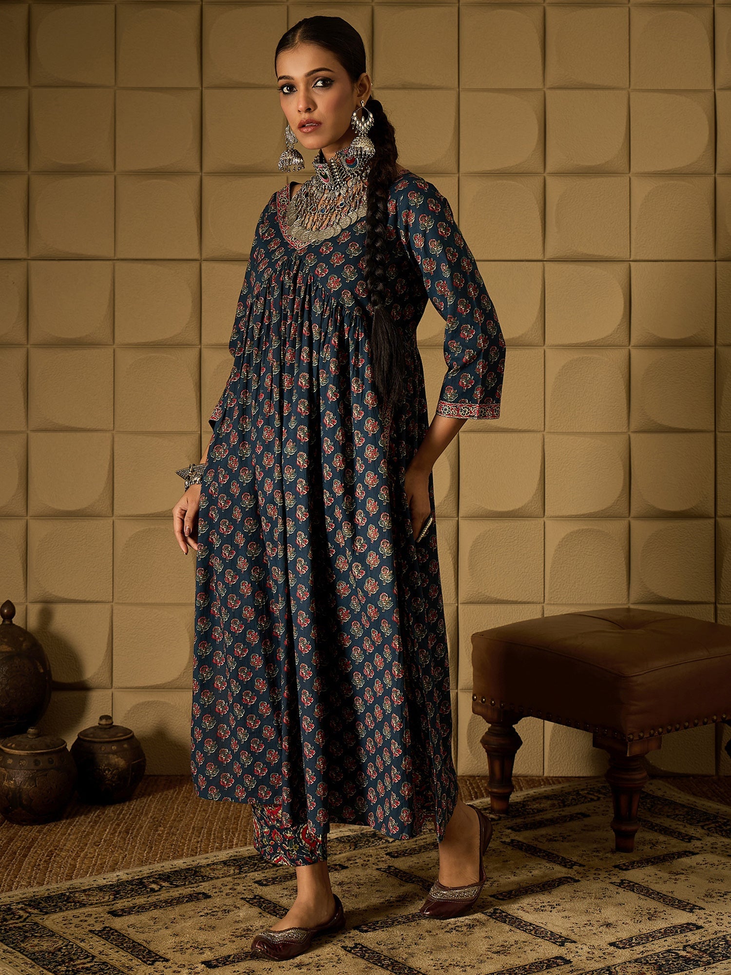 Women Teal Printed A-Line Kurta Trousers Set