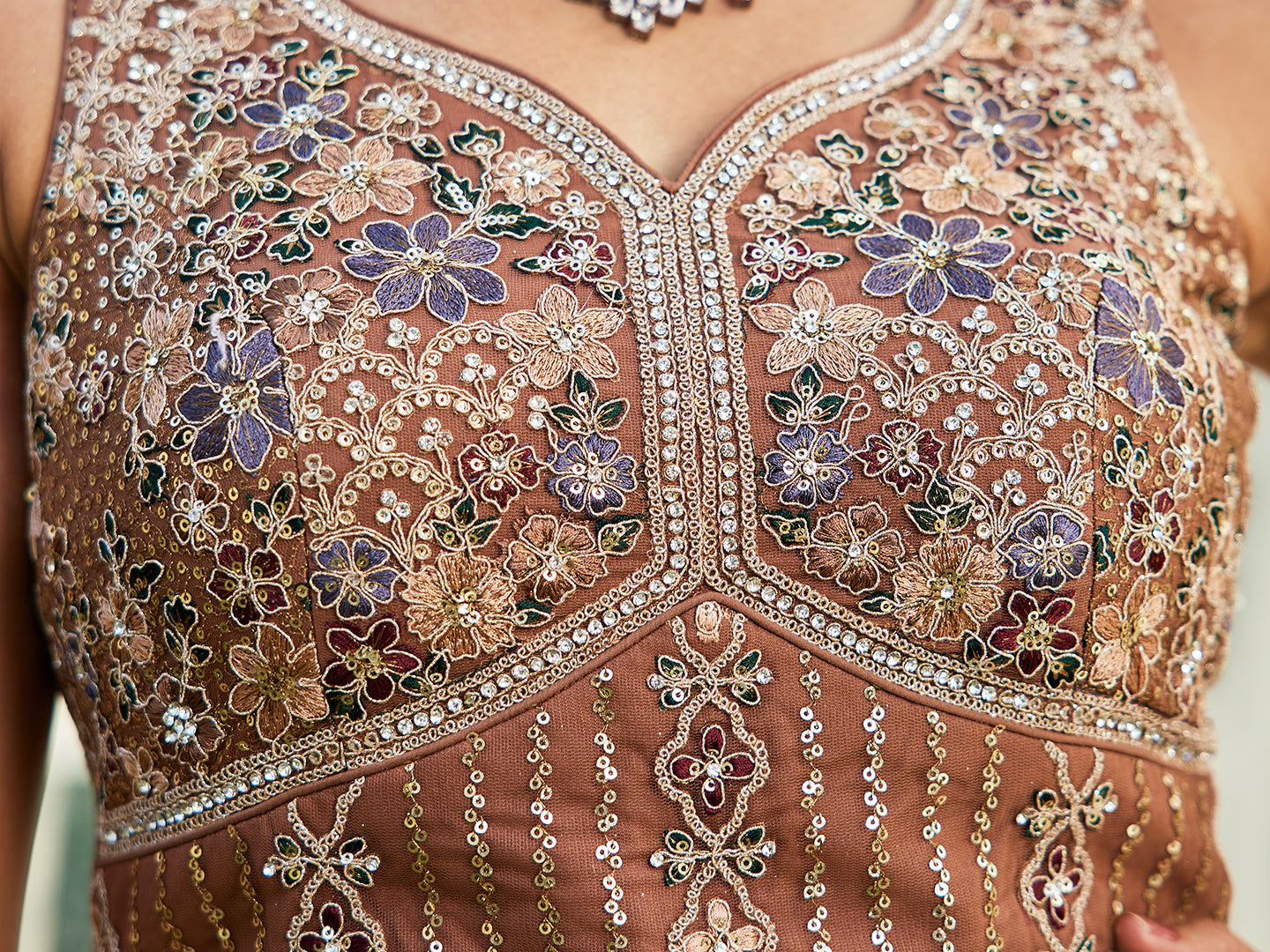 Brown net with Beads & Zarkan embroidery Lehenga choli & Dupatta