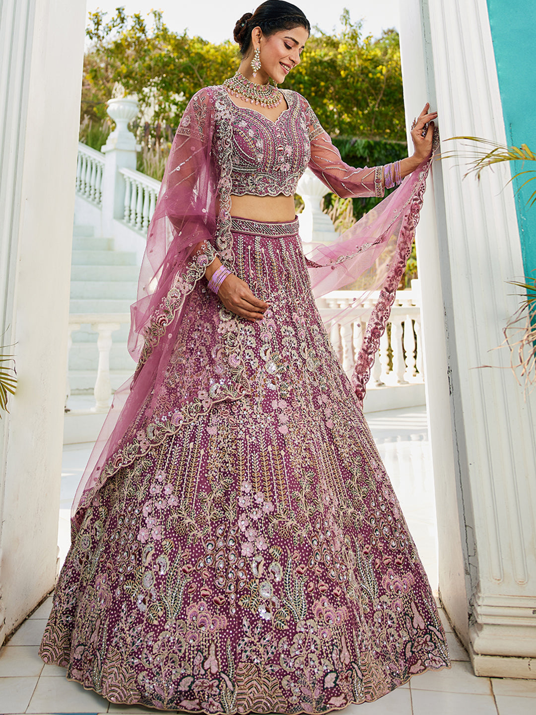 Lavender net and Coding & Zarkan embroidery Lehenga choli & Dupatta