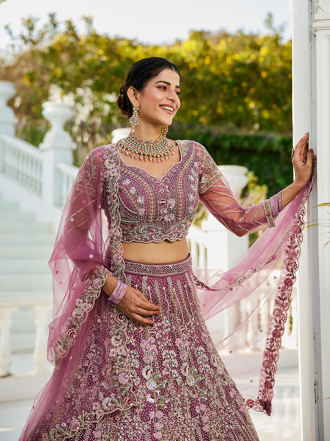 Lavender net and Coding & Zarkan embroidery Lehenga choli & Dupatta