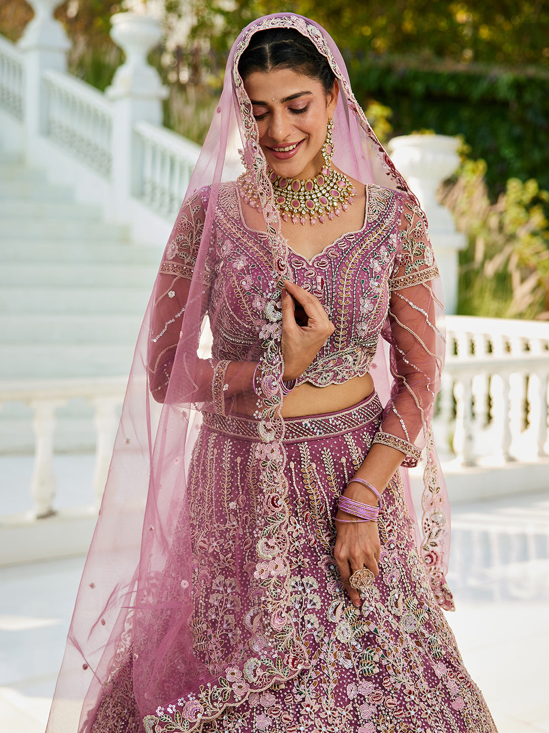 Lavender net and Coding & Zarkan embroidery Lehenga choli & Dupatta