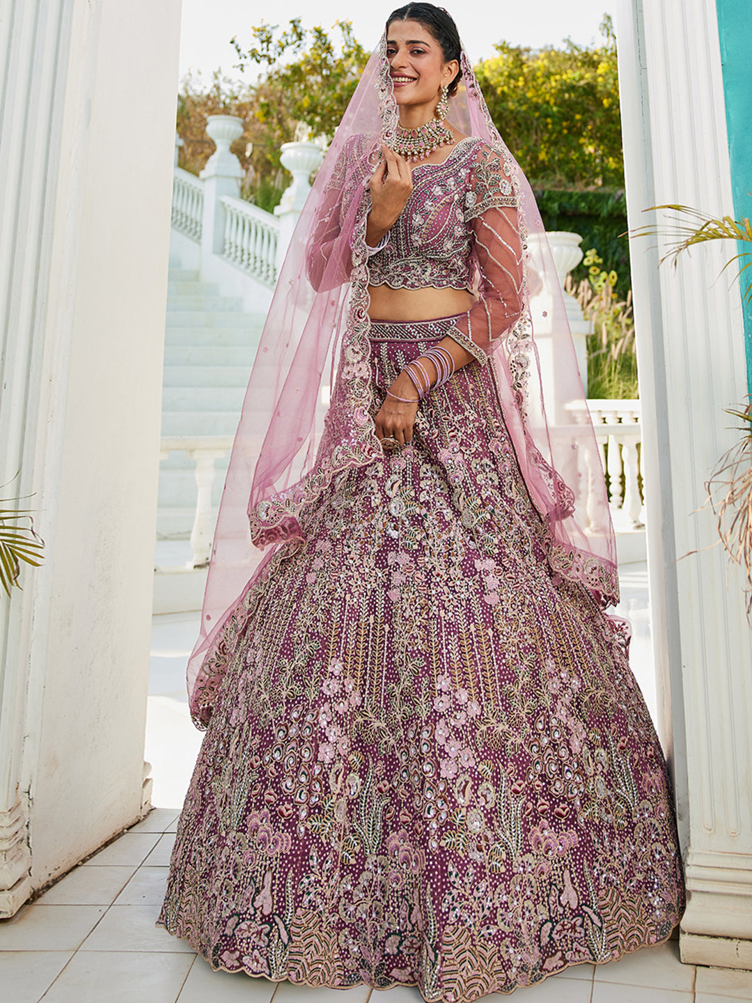 Lavender net and Coding & Zarkan embroidery Lehenga choli & Dupatta
