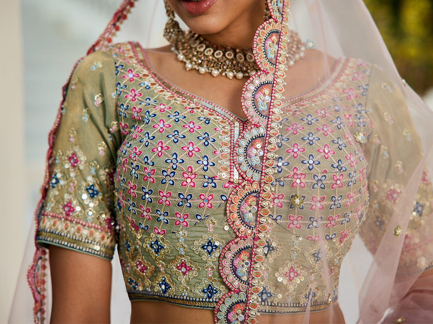 Multi colour Bridel net and Gotapatti & Moti embroidery Lehenga choli & Dupatta
