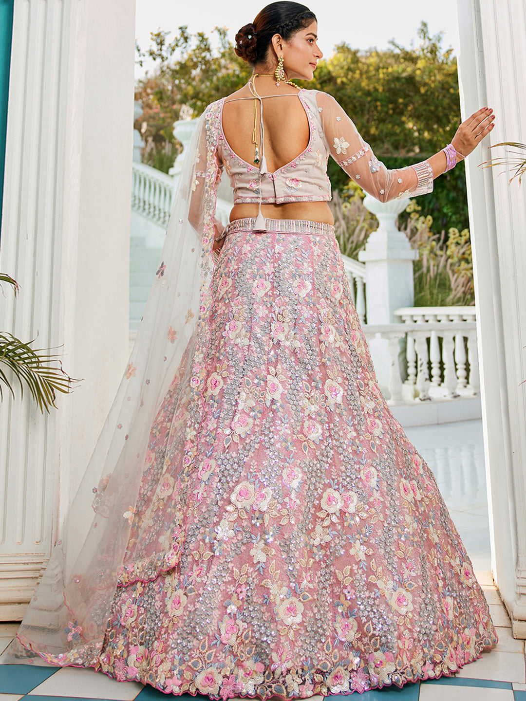 Grey net with Sequinse & Zarkan embroidery Lehenga choli & Dupatta