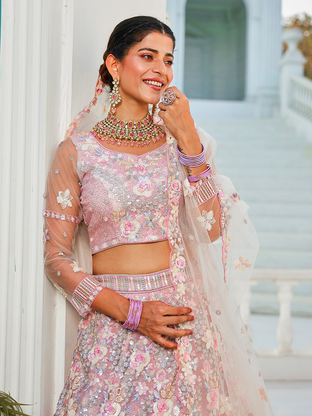Grey net with Sequinse & Zarkan embroidery Lehenga choli & Dupatta