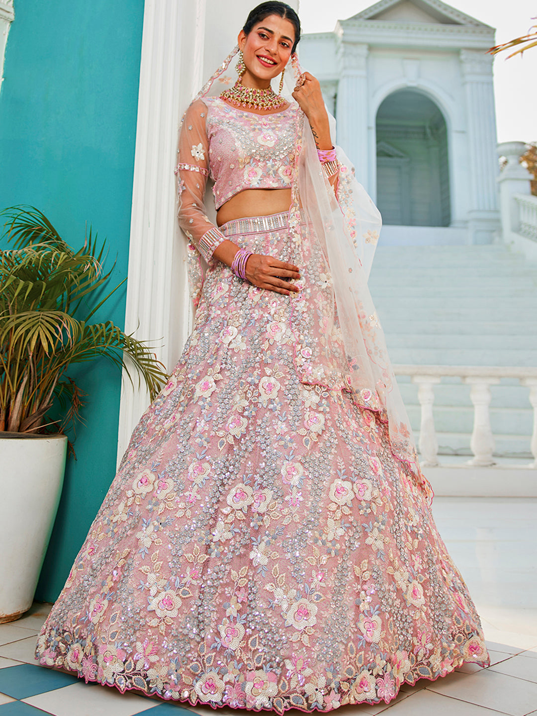 Grey net with Sequinse & Zarkan embroidery Lehenga choli & Dupatta