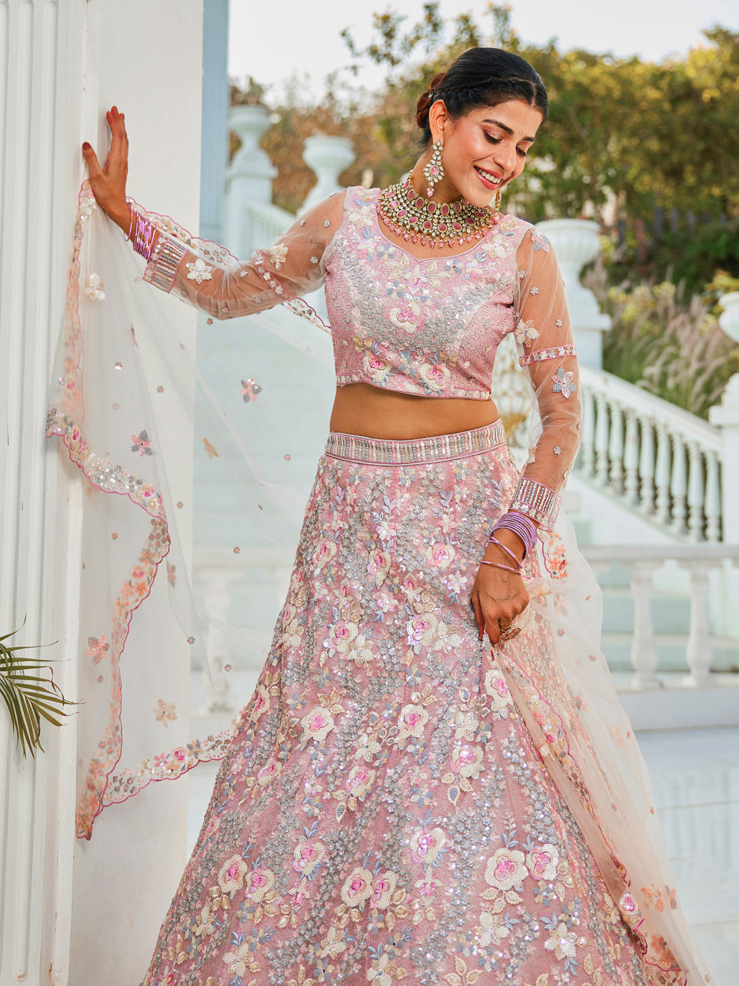 Grey net with Sequinse & Zarkan embroidery Lehenga choli & Dupatta