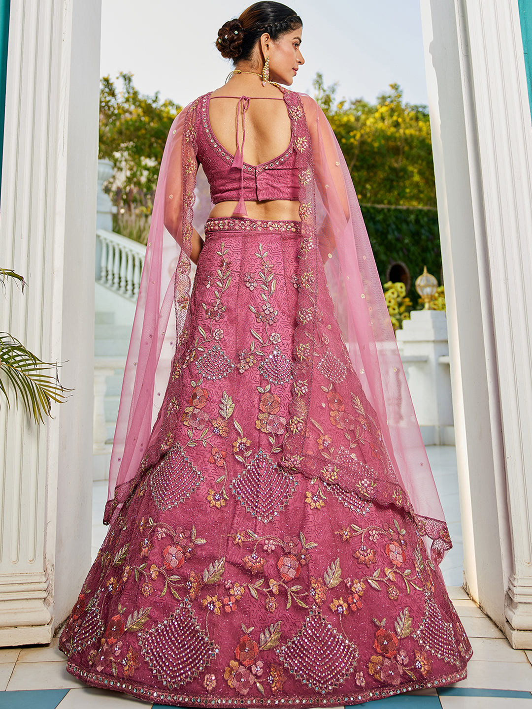 Pink net with Coding & Zarkan embroidery Lehenga choli & Dupatta