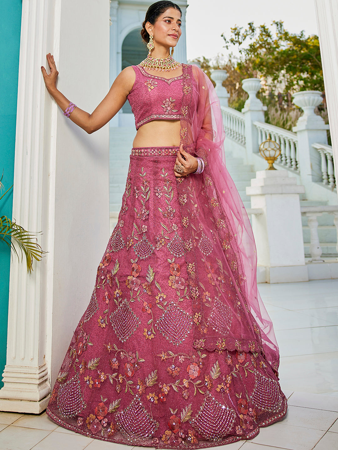 Pink net with Coding & Zarkan embroidery Lehenga choli & Dupatta