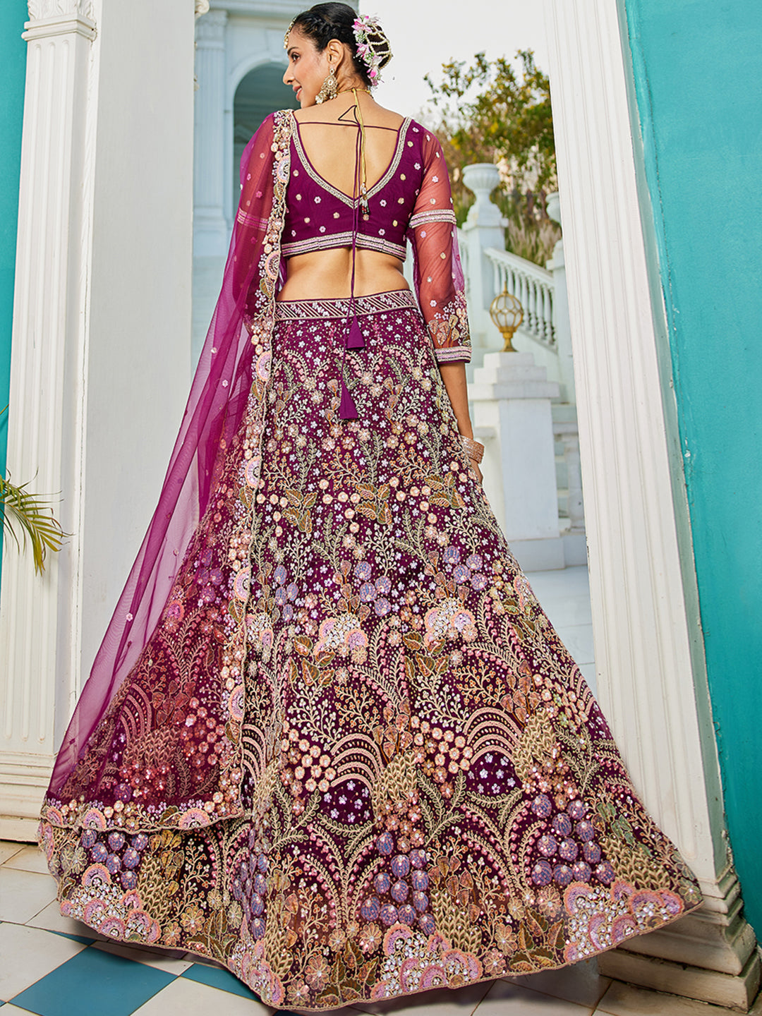 Burgundy net with Coding & Zarkan embroidery Lehenga choli & Dupatta