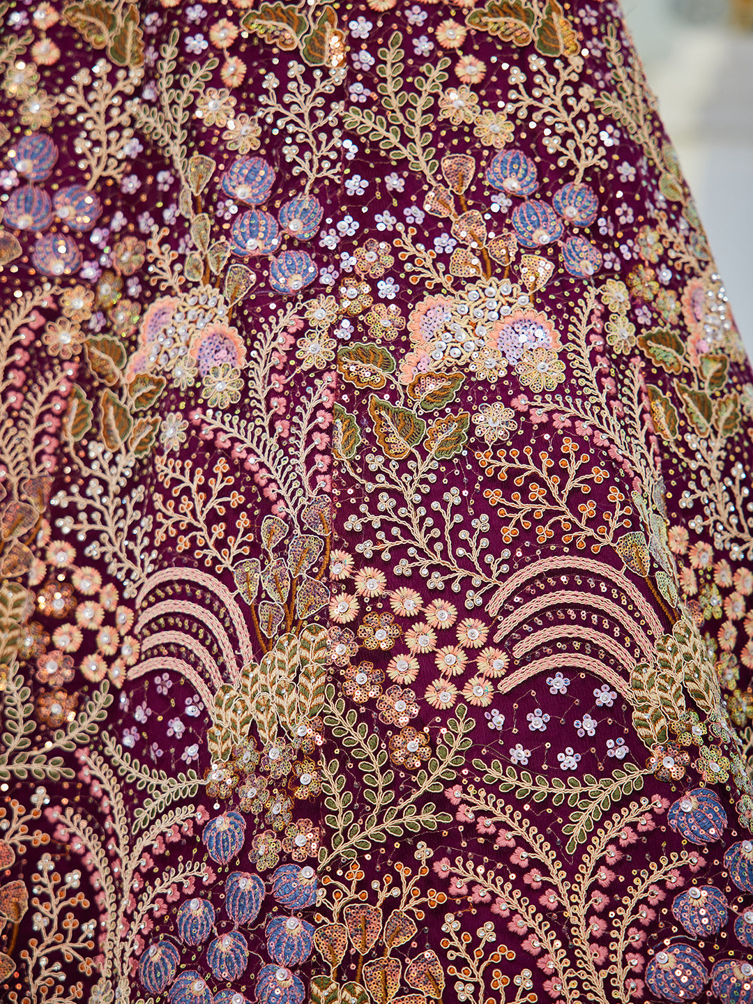 Burgundy net with Coding & Zarkan embroidery Lehenga choli & Dupatta
