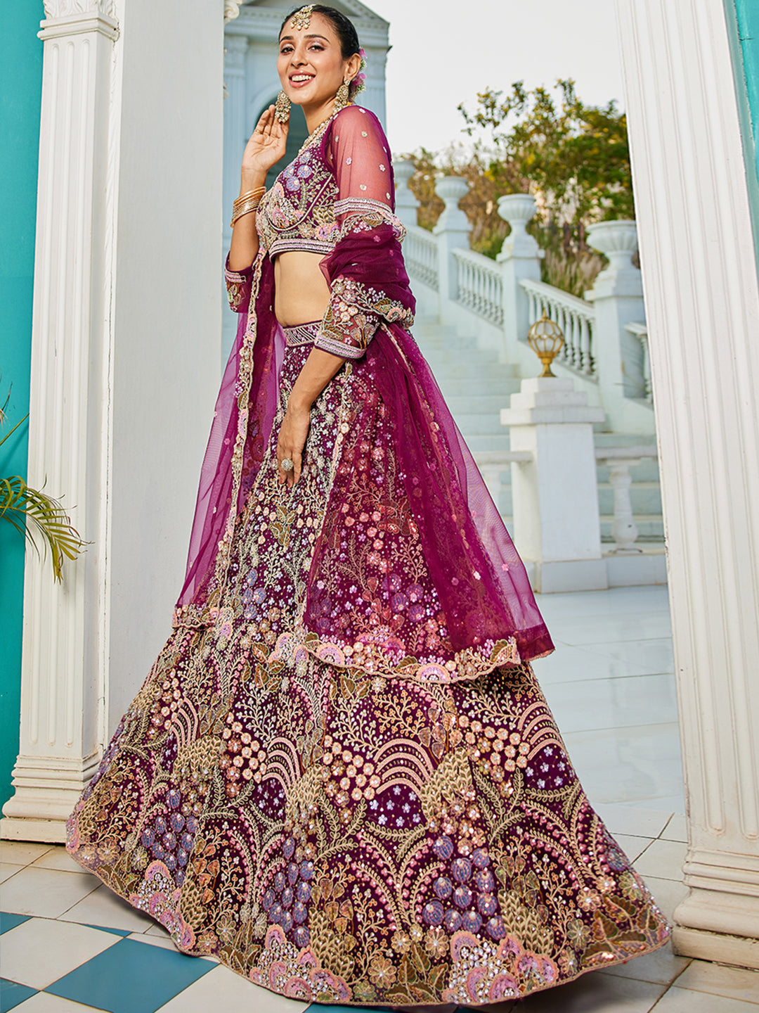 Burgundy net with Coding & Zarkan embroidery Lehenga choli & Dupatta